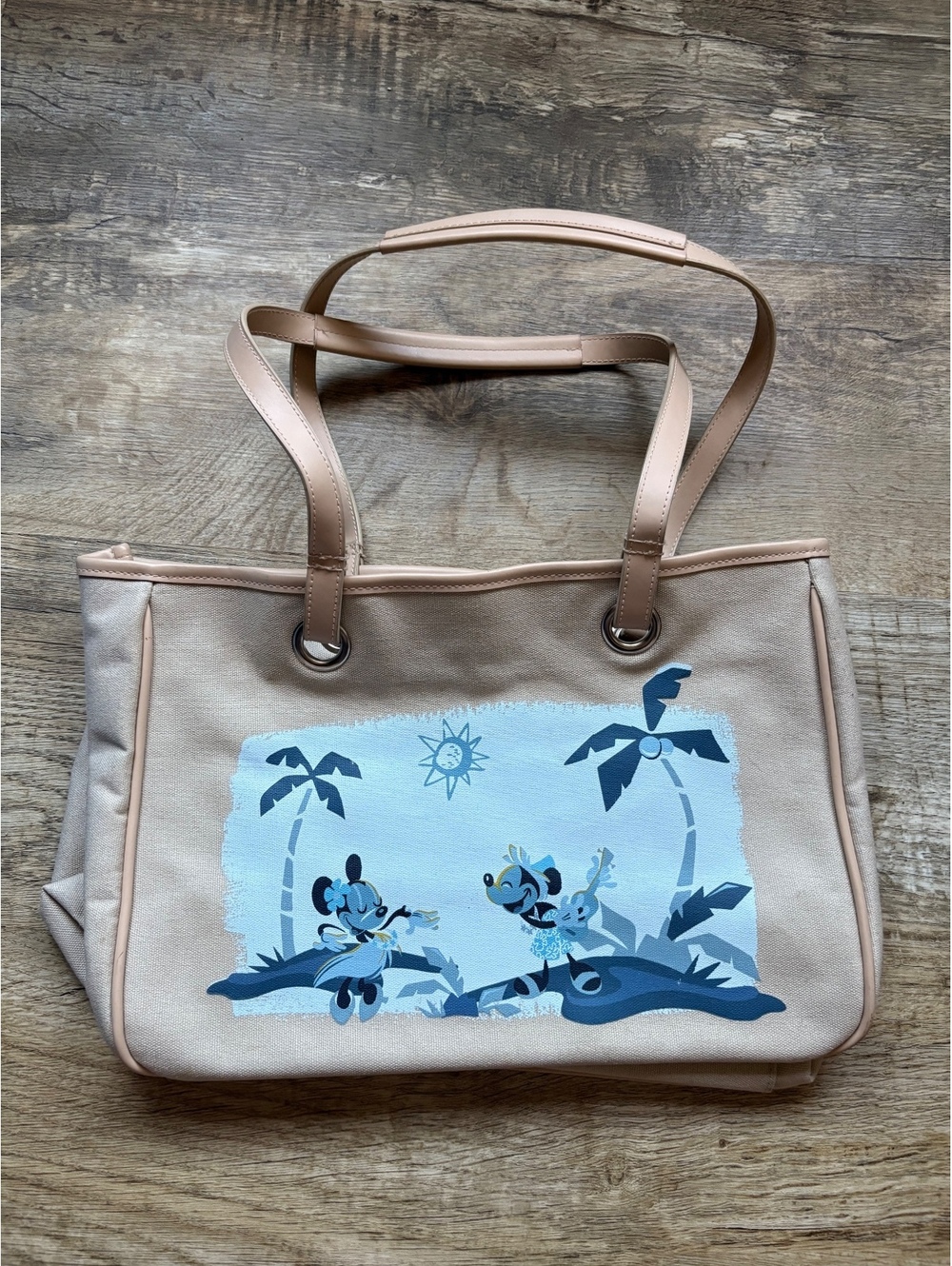 Disney Store Beige Canvas Tote Bag with Mickey and Stitch Print